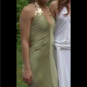 Authentic Vera Wang Olive Maxi Dress with Gold Accents